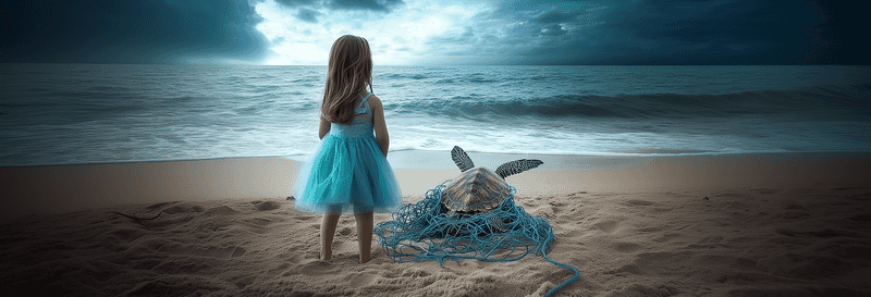 Girl on beach watching tangled turtle