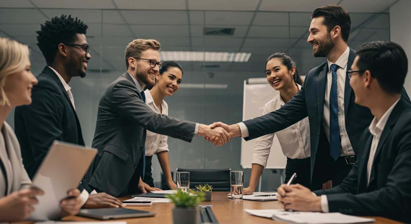 Business leaders in a boardroom shaking hands, representing trust, stability, and investor confidence built through strong employer branding.