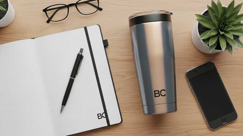 Overhead shot of company merch with branded logo