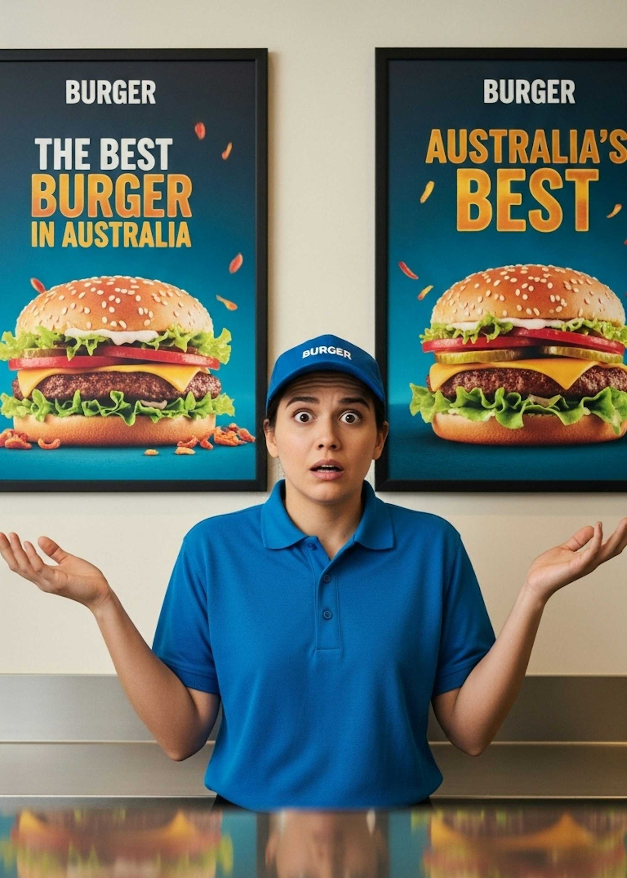 A confused employee wearing blue top behind two posters of a fast food burger chain