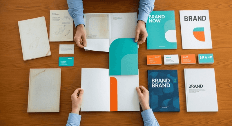 Marketing professional replacing old brand collateral with newly designed materials, representing a brand refresh.