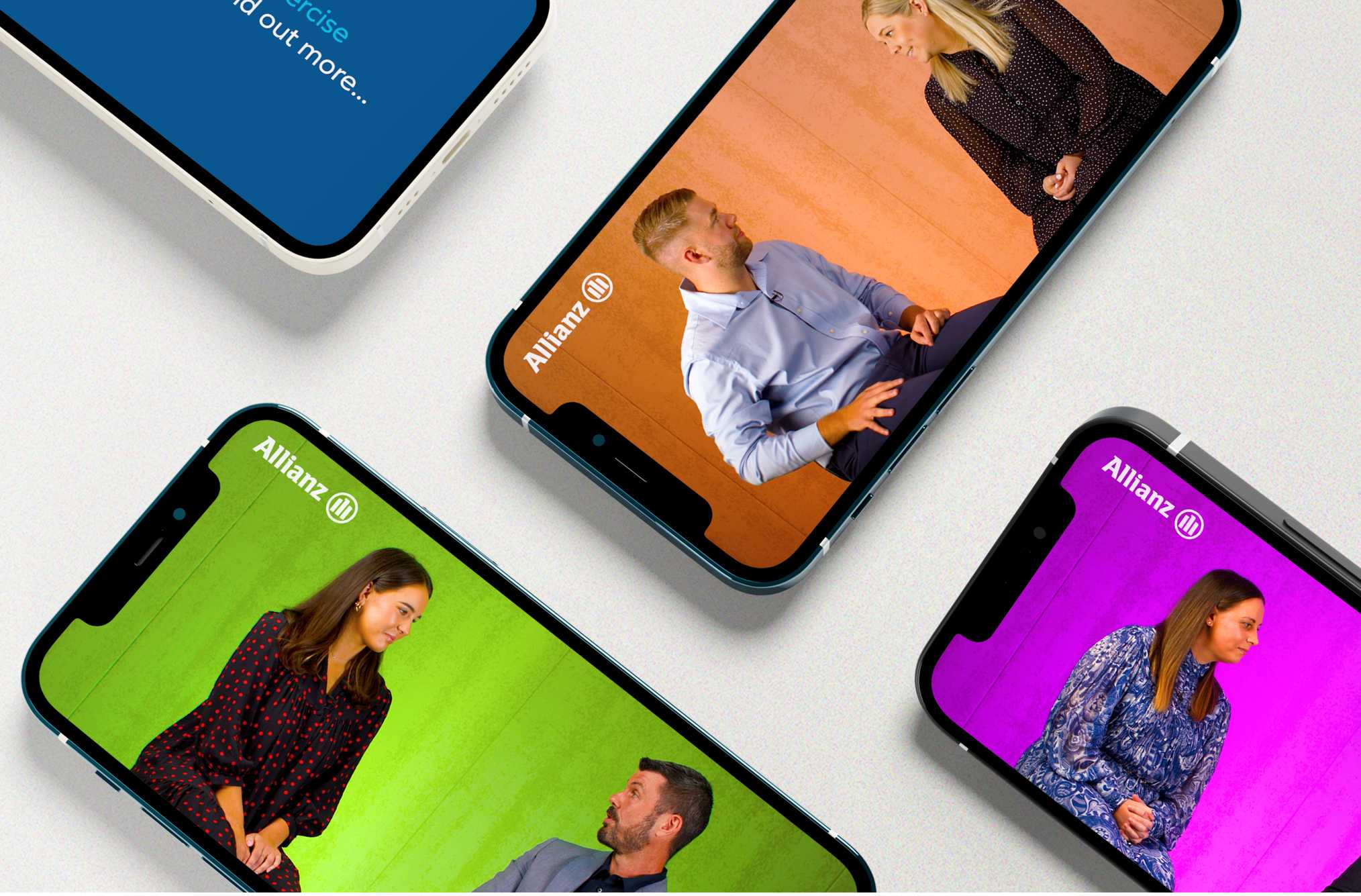 Multiple smartphones displaying company employees with dynamic background colours highlighting diverse workplace | Belong Creative