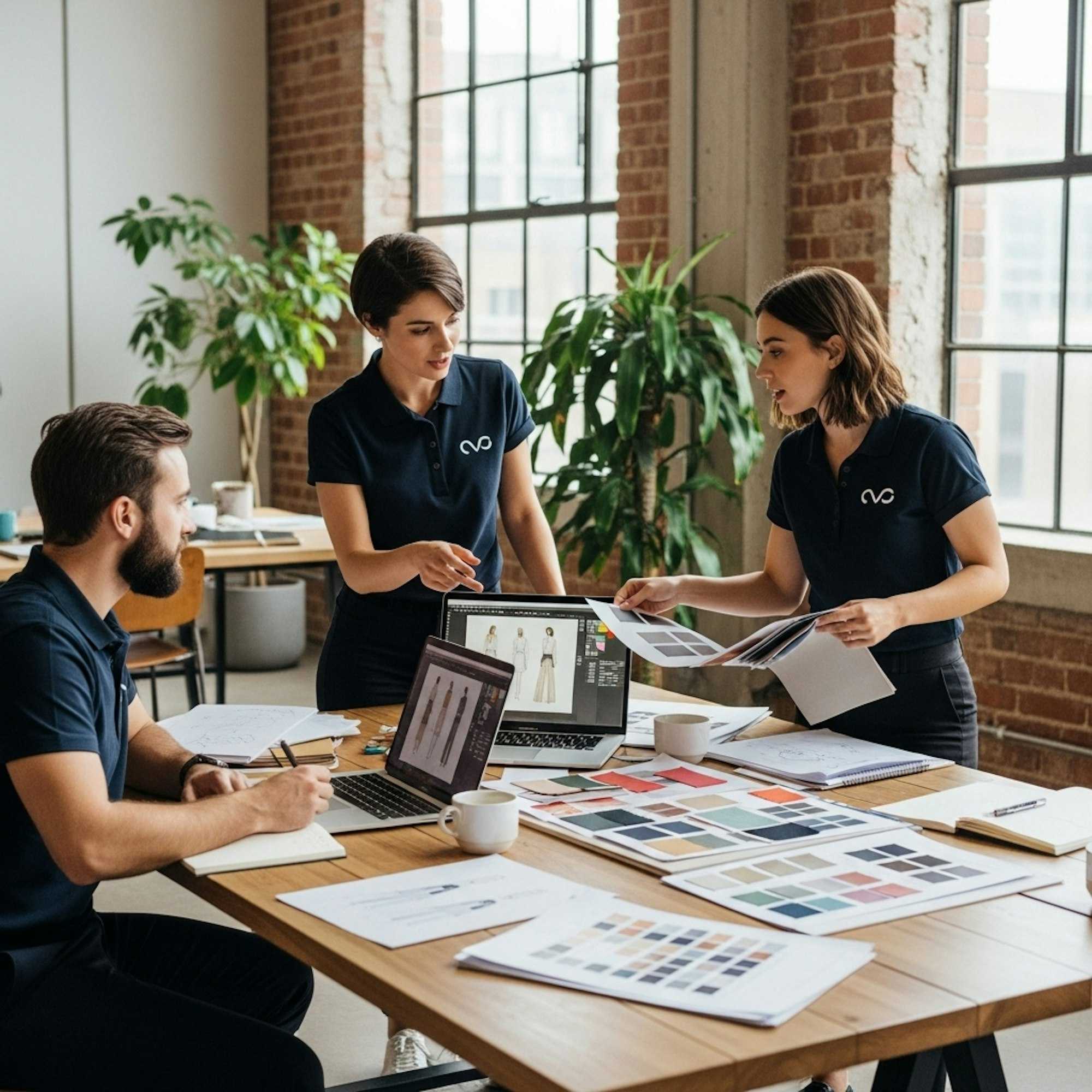 A group collaborating over a creative workspace, representing teamwork and shared brand ownership.