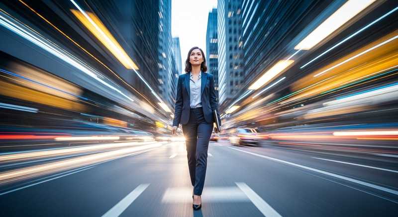 A calm, focused person walking through a world in motion blur, symbolising balance and clarity amid transformation.