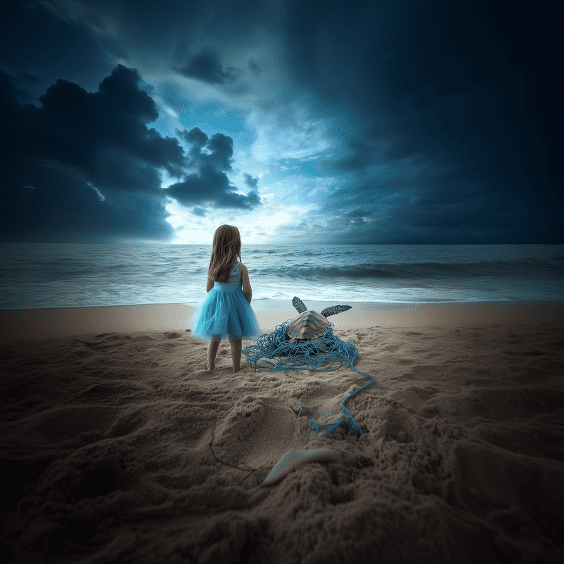 Girl on beach watching tangled turtle