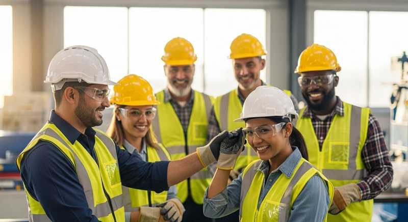 Diverse workers showing teamwork and care while preparing safely in a modern industrial workspace.