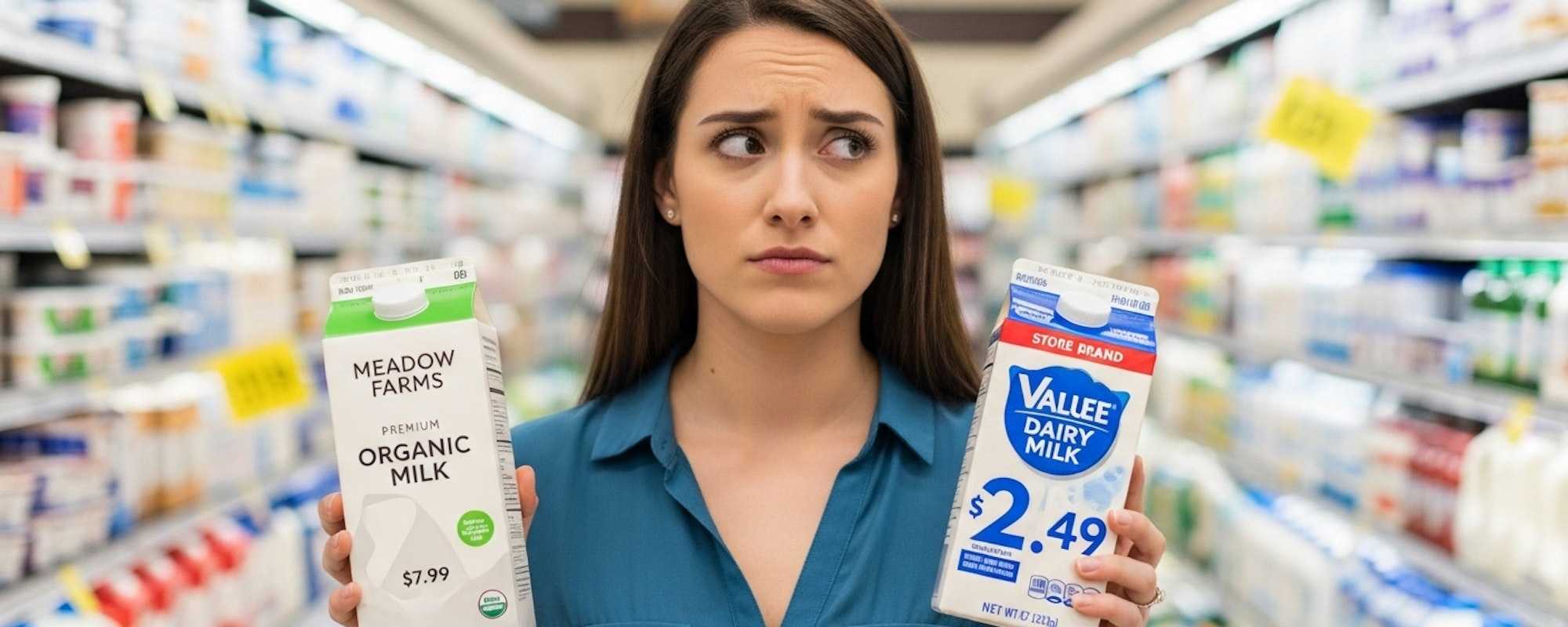 A customer comparing prices of 2 different milk brands