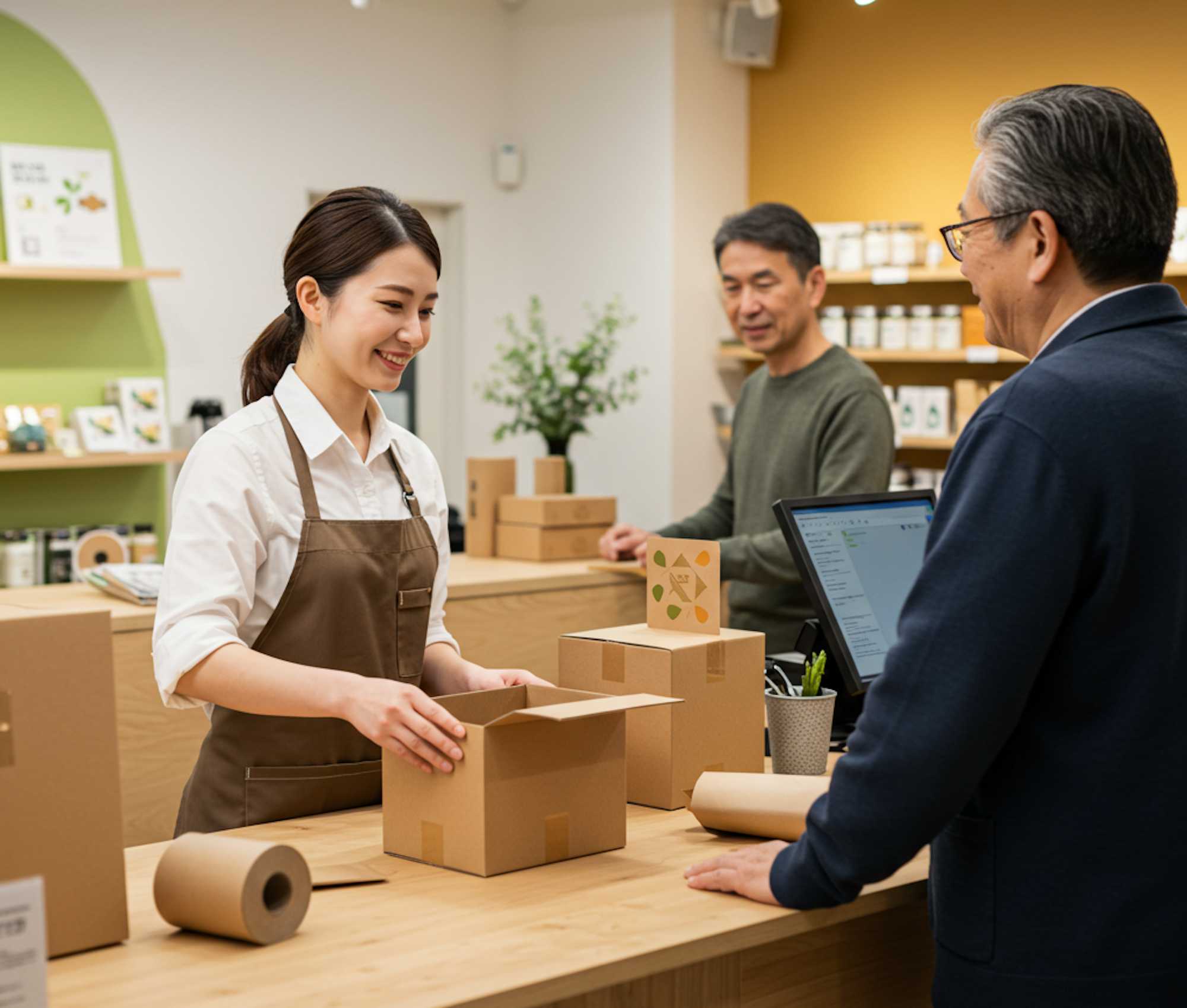 Employee wraps orders using eco-friendly materials