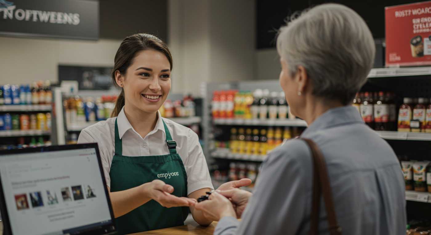 Employee assisting a satisfied customer, reflecting the link between employee wellbeing and customer loyalty.
