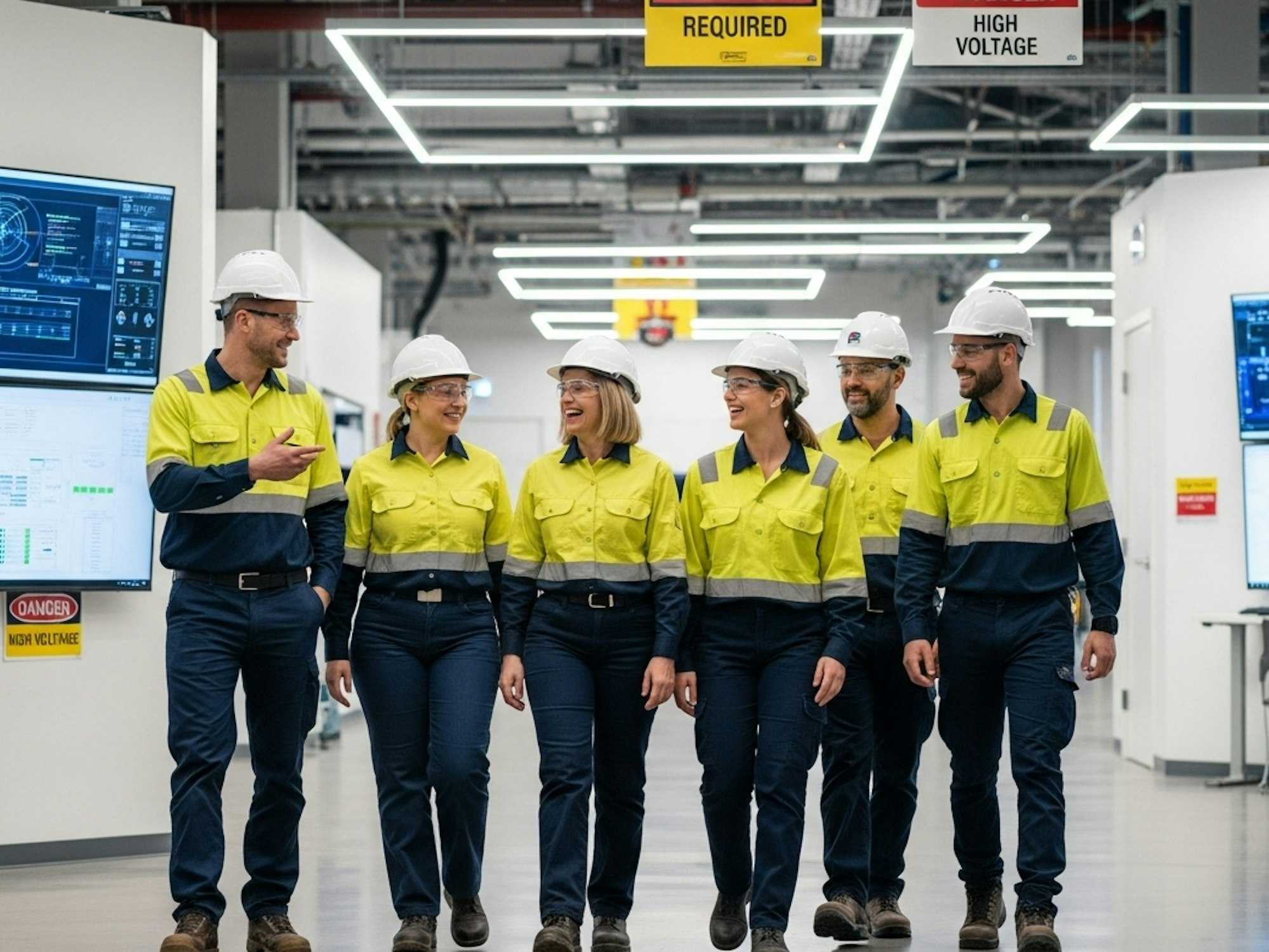 Team confidently walking through a safe, well-managed site where care and performance align.