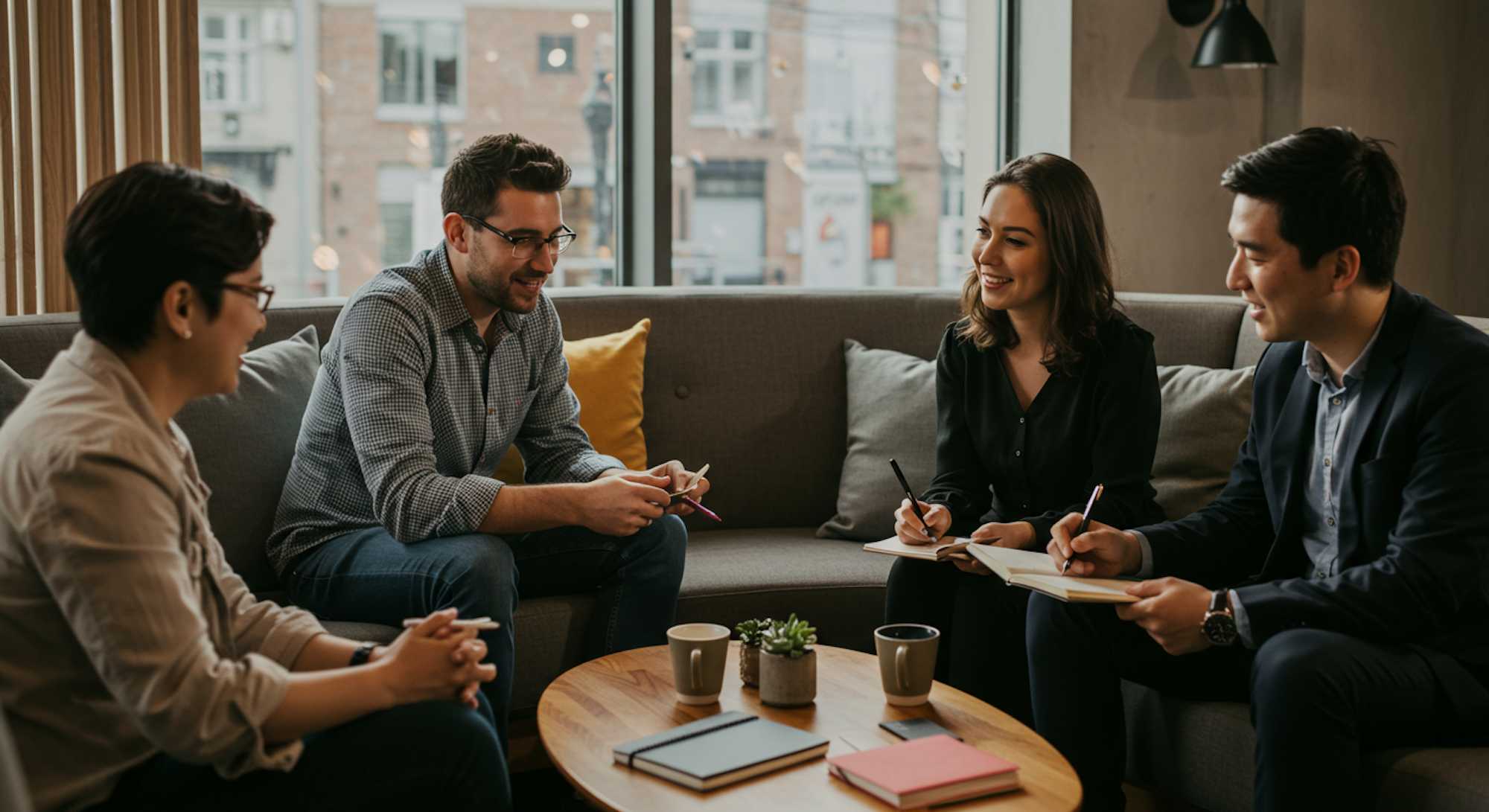 Brand strategist and small group of customers sharing ideas in a relaxed open space.
