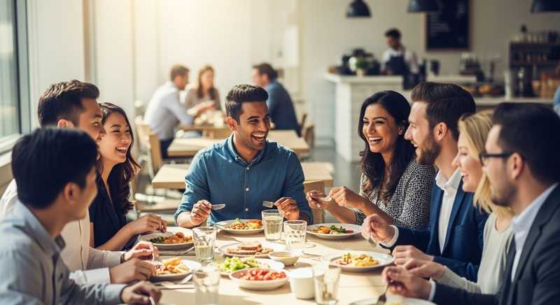 A multicultural team enjoying lunch together at work, showing how belonging creates connection and enhances performance.