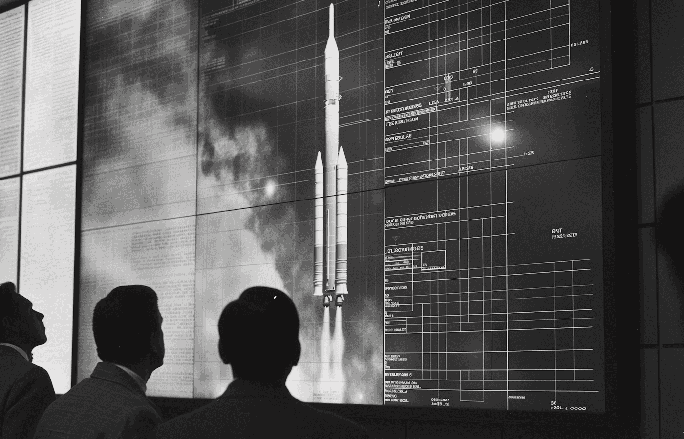 3 men looking at a rocket flight plan