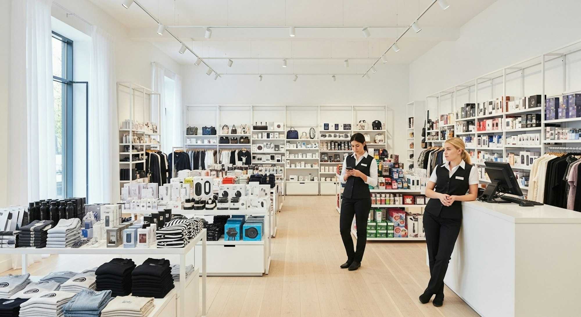 A brightly lit retail store with no customers and idle staff, symbolising the risk of being overlooked without strong branding.