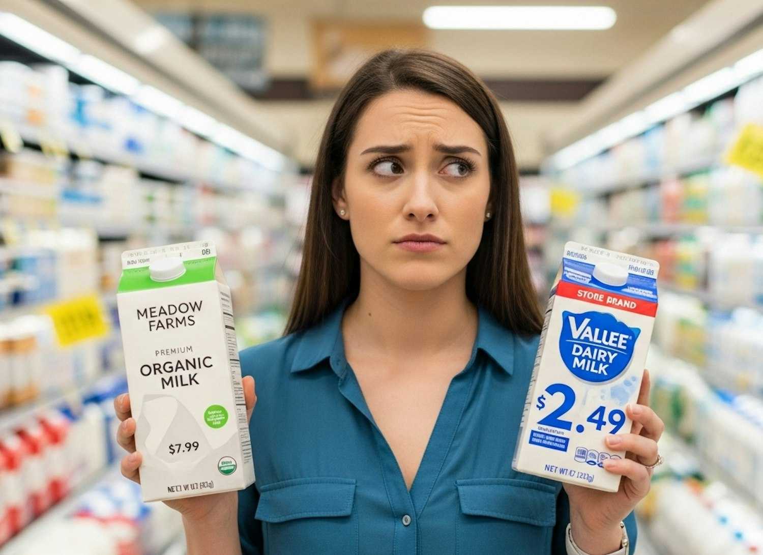 A customer comparing prices of 2 different milk brands