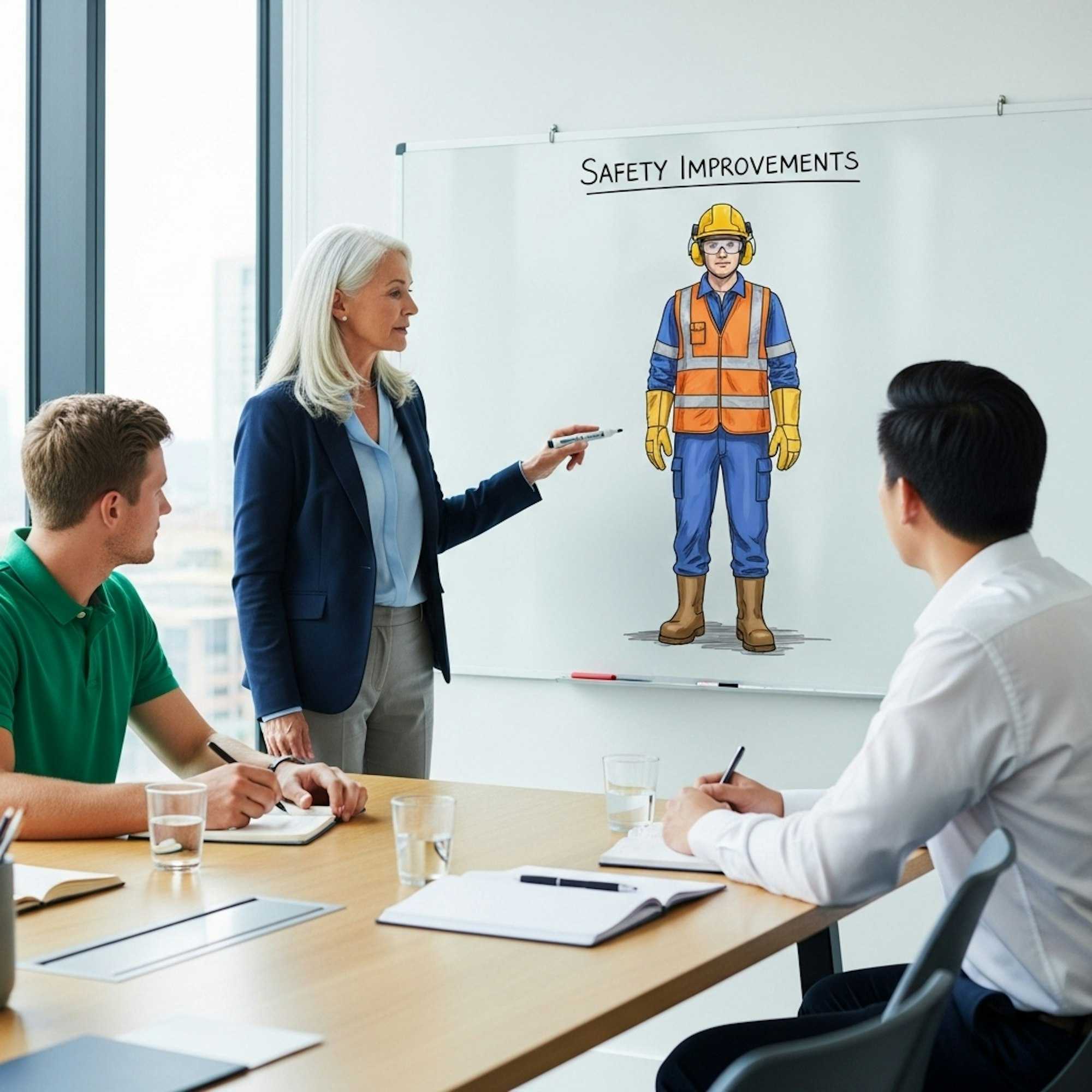 Employees collaborating around a whiteboard, discussing real safety improvements as part of daily culture.