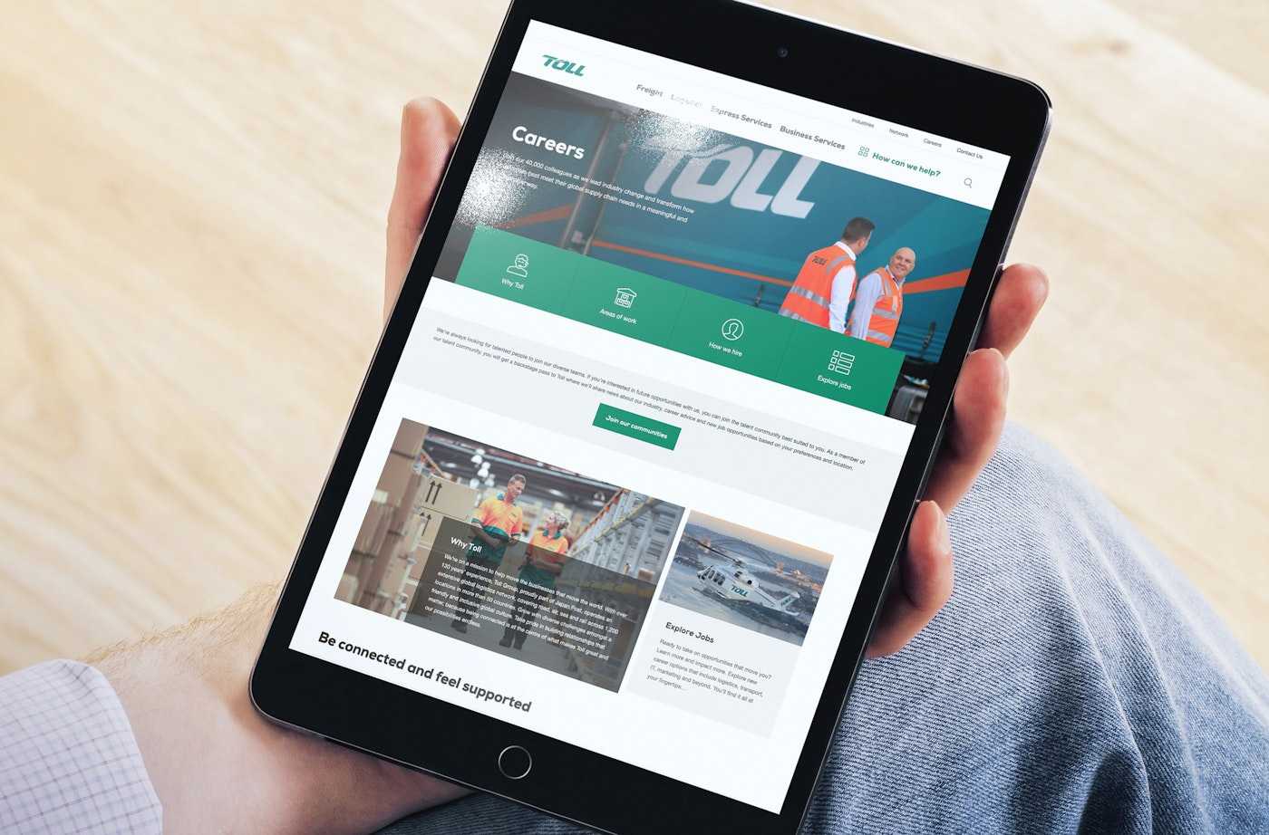 Tablet screen showing a career page on a logistics company website with key service highlights | Belong Creative