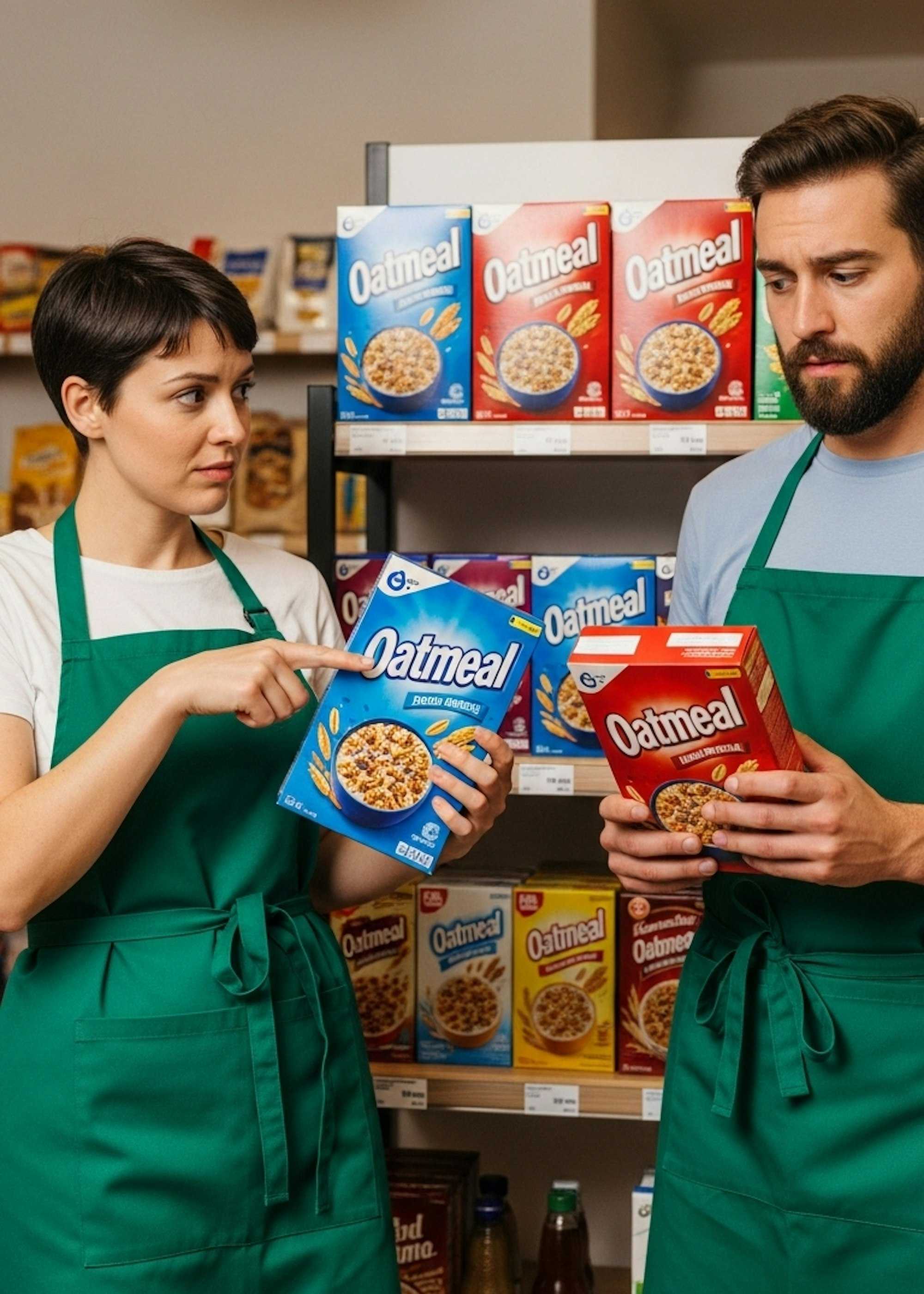 Employees looking at inconsistent product packaging, showing weak visual identity.