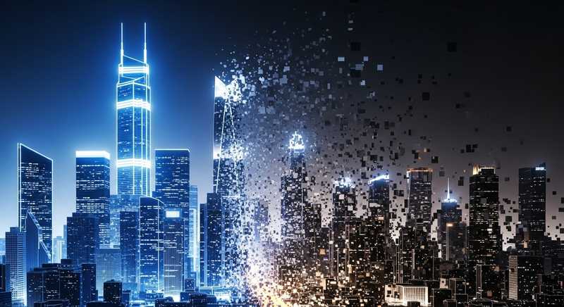 Abstract digital artwork of a corporate skyline where half the shapes are structured and glowing, while the other half dissolve into fragments, symbolising the risks of delaying investment in branding.
