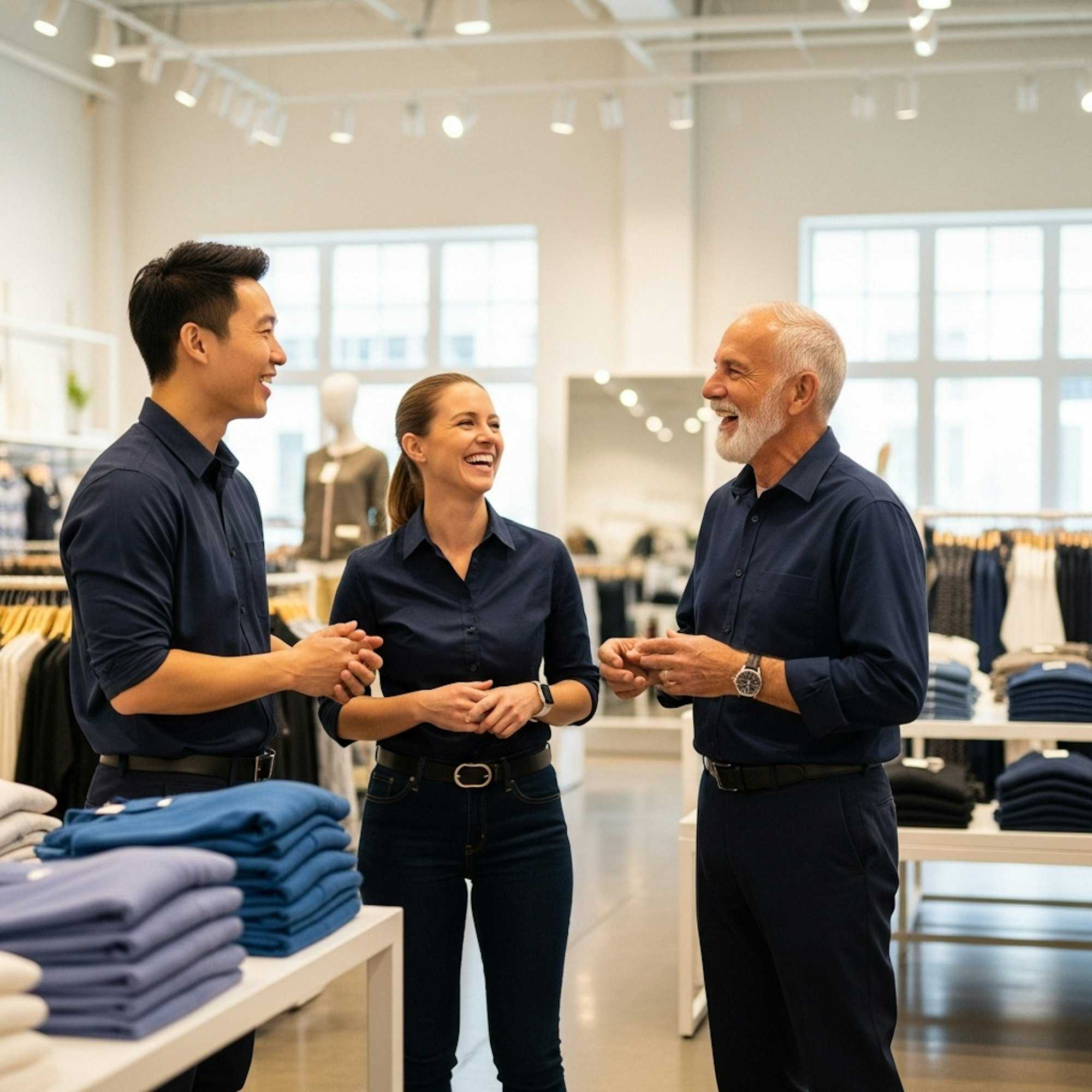 Colleagues connecting naturally in an open retail store, representing belonging and agile culture.