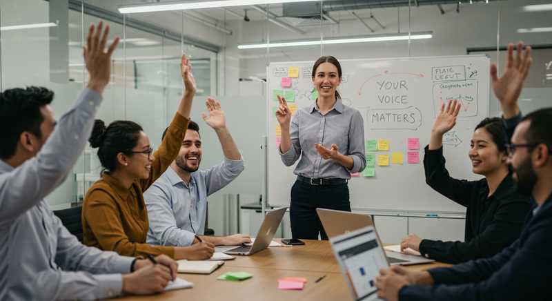 Realistic photo of a diverse team in a workplace discussion, actively participating in a listening session with a whiteboard that reads ‘Your Voice Matters’.